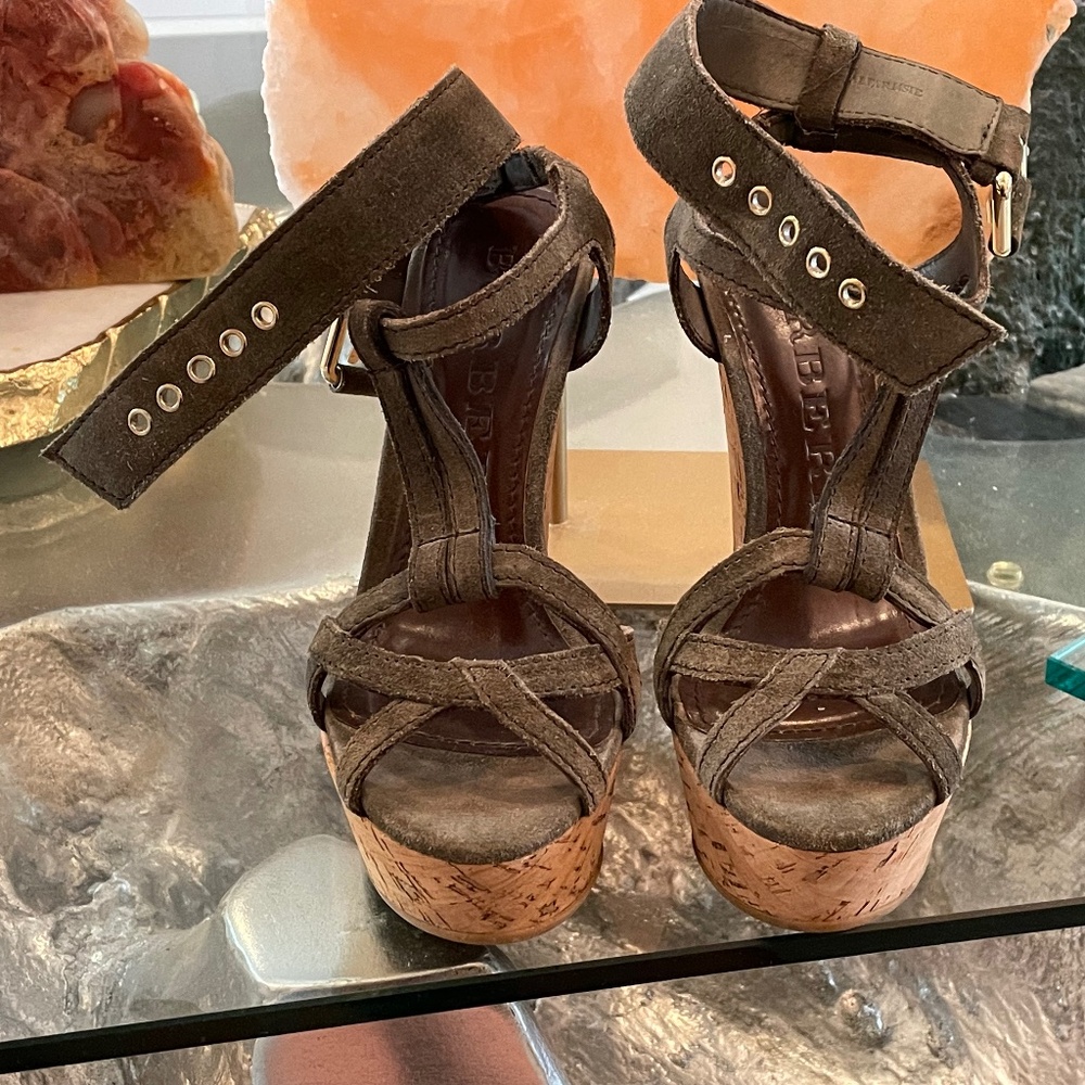 Authentic Burberry Stour Suede Cork Wedge Sandals